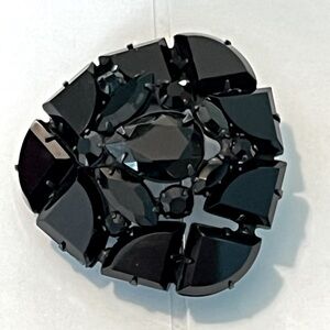 Regency Brooch Pin Jappened Jet Black Rhinestones Faceted Domed Triangle Signed